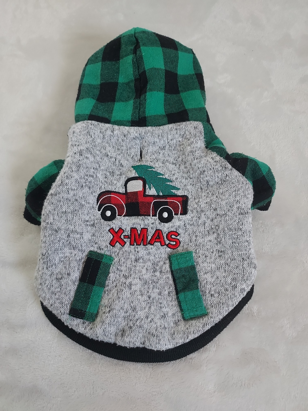 Holiday Sherpa Plaid Truck Dog Hoodie Jacket Green/Black Christmas Small